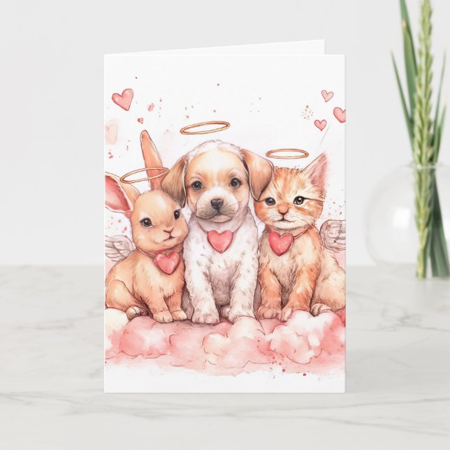 Valentine’s Day Card with Baby Bunny, Puppy (Front)