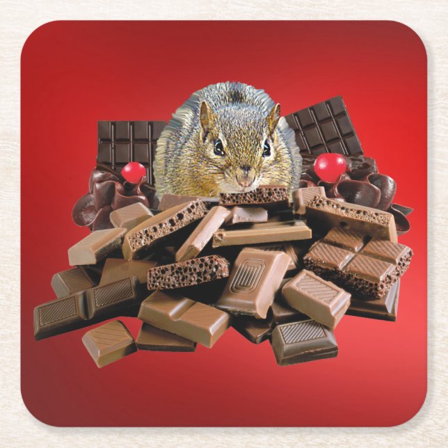 Valentine’s Day Chocolate Chipmunk Square Paper Coaster (Front)