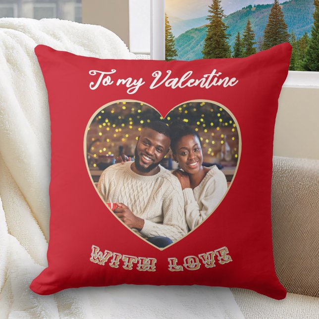 Valentine’s Day Custom Photo Romantic Heart Red Cushion (A red throw pillow with 'To my Valentine with love' message and custom photo in a heart shape)
