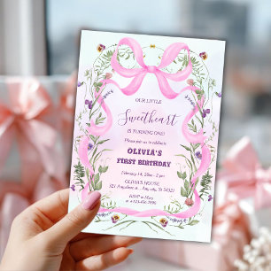 Valentine’s Day Floral Pink Bow First Birthday Invitation