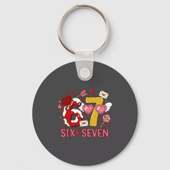 Valentine’s Day Funny 67 Meme Six Seven 6 7 Hearts Key Ring (Front)