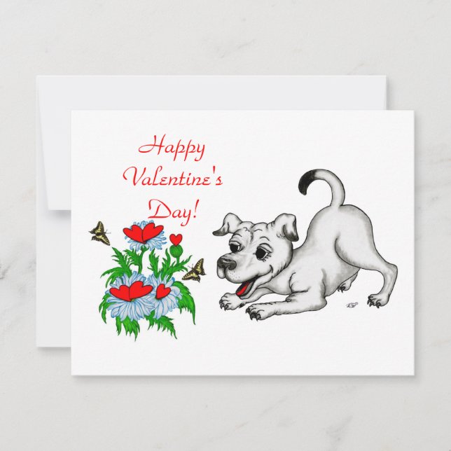 Valentine´s Day, Heart, Flower, Puppy & Butterfly Holiday Card (Front)