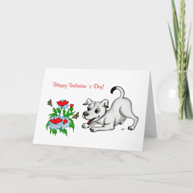 Valentine´s Day, Heart, Flower, Puppy & Butterfly Holiday Card (Front)