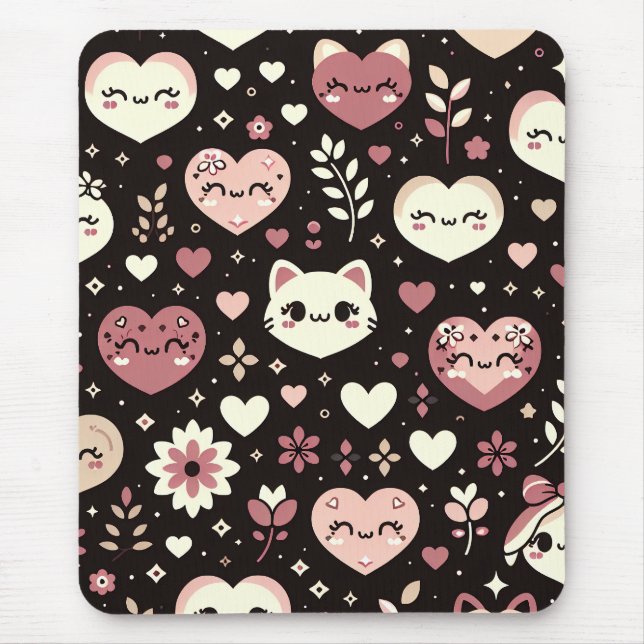 Valentine’s Day Kawaii Cats Hearts Flower Pattern Mouse Mat (Front)