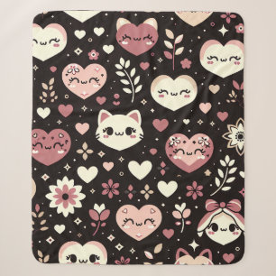 Valentine’s Day Kawaii Cats Hearts Flower Pattern Sherpa Blanket