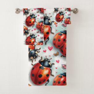 Valentine`s Day Ladybug Love Pattern Bath Towel Set