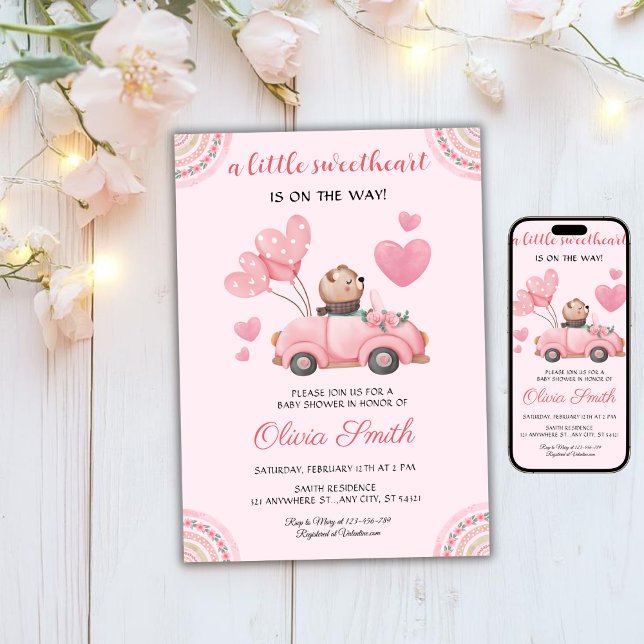 Valentine’s Day Sweetheart Pink Car Baby Shower Invitation (Creator Uploaded)