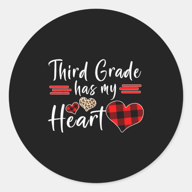 Valentine’s Day Third Grade Has My Heart Plaid Tea Classic Round Sticker (Front)