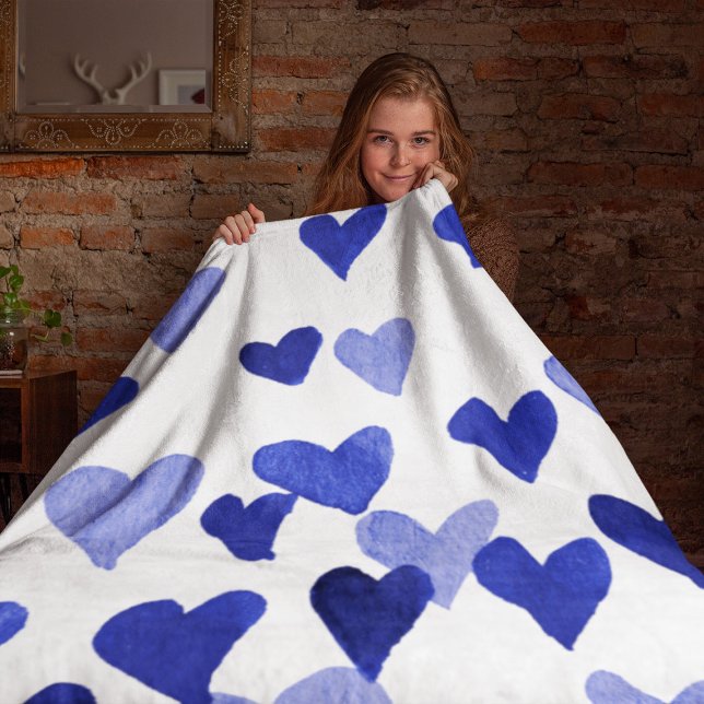 Valentine’s Day Watercolor Hearts – blue Fleece Blanket (Creator Uploaded)