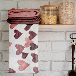 Valentine’s Day Watercolor Hearts – dark pink Tea Towel