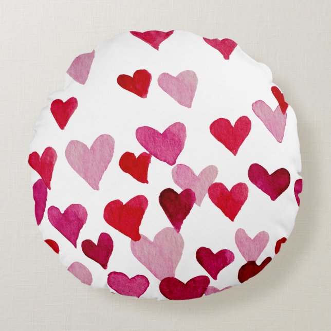 Valentine’s Day Watercolor Hearts – pink Round Cushion (Front)