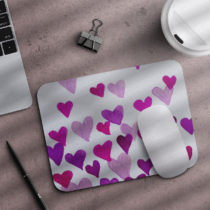 Valentine’s Day Watercolor Hearts – purple Mouse Mat