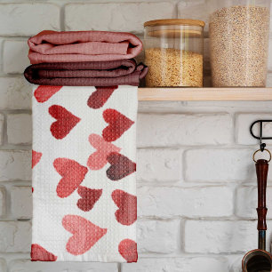 Valentine’s Day Watercolor Hearts – red Tea Towel