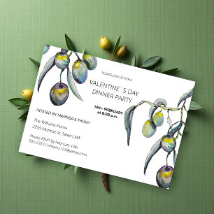 Valentine`s Dinner Party Watercolor Olive Branch Holiday Card