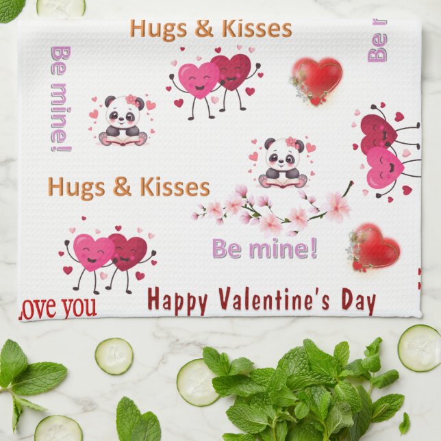 Valentine' s Kitchen Hand Towel Cat Red Heart (Folded)