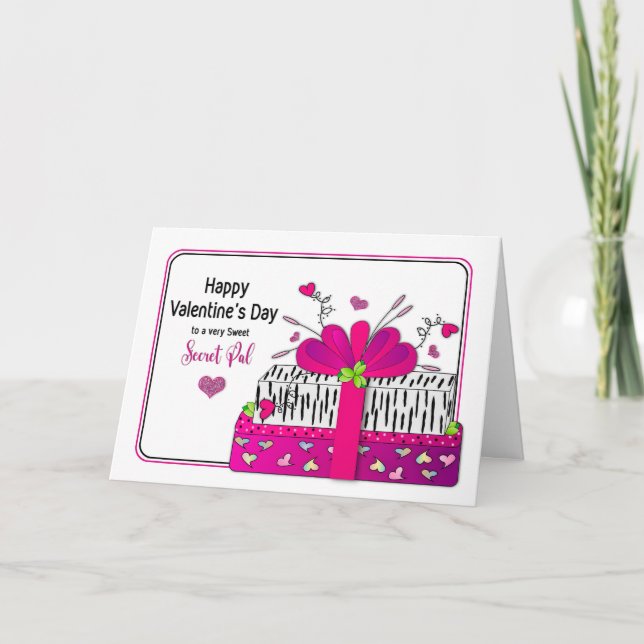 Valentine Secret Pal Gifts in Pinks Zebra Print Holiday Card (Front)