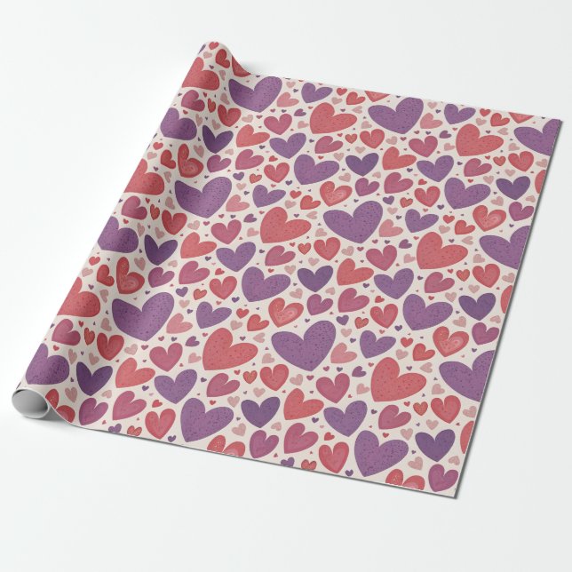 Valentine Shades of red purple heart pattern Wrapping Paper (Unrolled)