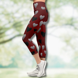 Valentine Silver Black Glitter Hearts on Burgundy Capri Leggings