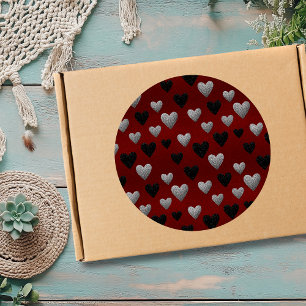 Valentine Silver Black Glitter Hearts on Burgundy Classic Round Sticker