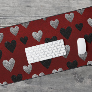Valentine Silver Black Glitter Hearts on Burgundy Desk Mat