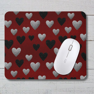 Valentine Silver Black Glitter Hearts on Burgundy Mouse Mat