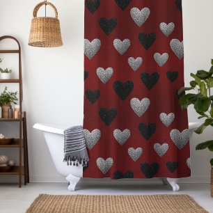 Valentine Silver Black Glitter Hearts on Burgundy Shower Curtain