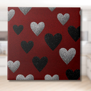 Valentine Silver Black Glitter Hearts on Burgundy Tile
