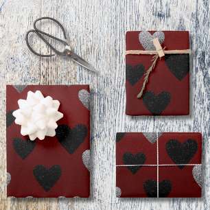 Valentine Silver Black Glitter Hearts on Burgundy Wrapping Paper Sheet