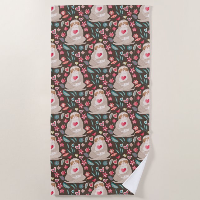 Valentine Sloth Pattern Beach Towel (Front)