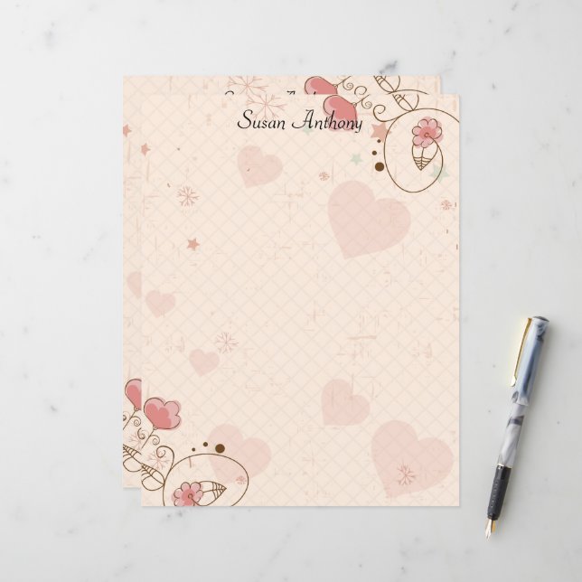 Valentine Soft Hearts Flowers Stationary Paper (Front/Back In Situ)