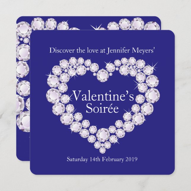 Valentine soirée diamonds heart blue party invite (Front/Back)