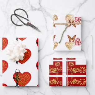 Valentine Sweeping Heart Butterfly Floral Gold Art Wrapping Paper Sheet