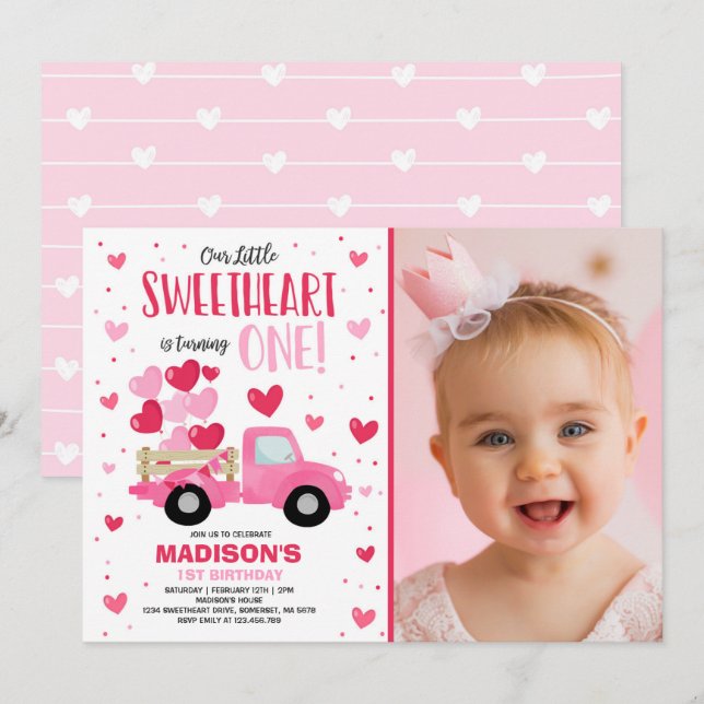 Valentine Sweetheart 1st Birthday Pink Red Truck Invitation (Front/Back)