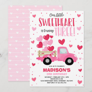 Valentine Sweetheart 3rd Birthday Pink Red Truck Invitation