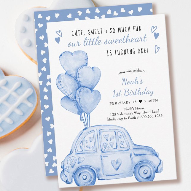 Valentine Sweetheart Blue Balloons 1st Birthday Invitation (Creator Uploaded)