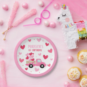 Valentine Sweetheart Pink 1st Birthday Party Decor Paper Plate