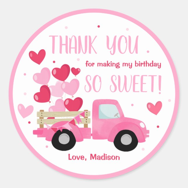 Valentine Sweetheart Pink 1st Birthday Party Favou Classic Round Sticker (Front)