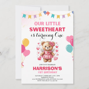 Valentine Sweetheart Pink Teddy Bear Birthday Invitation