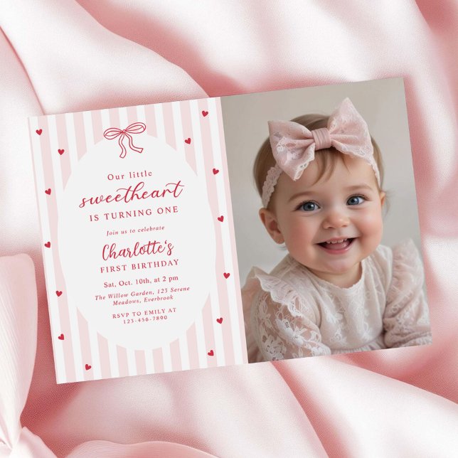 Valentine Sweetheart Red Hearts 1st Birthday Photo Invitation (Creator Uploaded)