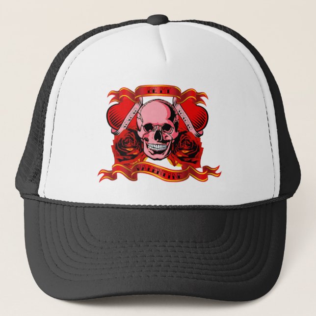 Valentine Tattoo Skull Hearts Trucker Hat (Front)