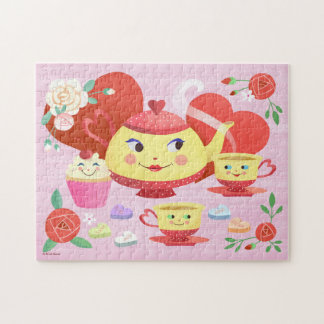 Valentine Teapot, Teacups and Roses with Hearts Jigsaw Puzzle