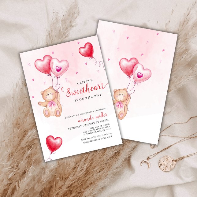 Valentine Teddy Bear Heart Balloon Baby Shower Invitation (Valentine Teddy Bear Heart Balloon Baby Shower Invitation)
