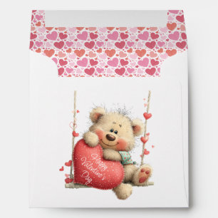 Valentine Teddy Bear on Swing with Heart  Envelope