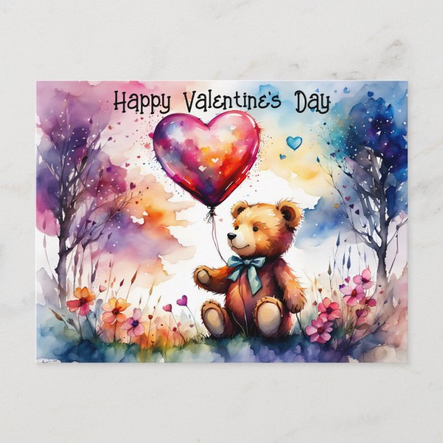 Valentine Teddy bear with Heart shaped balloon Postcard (Front)