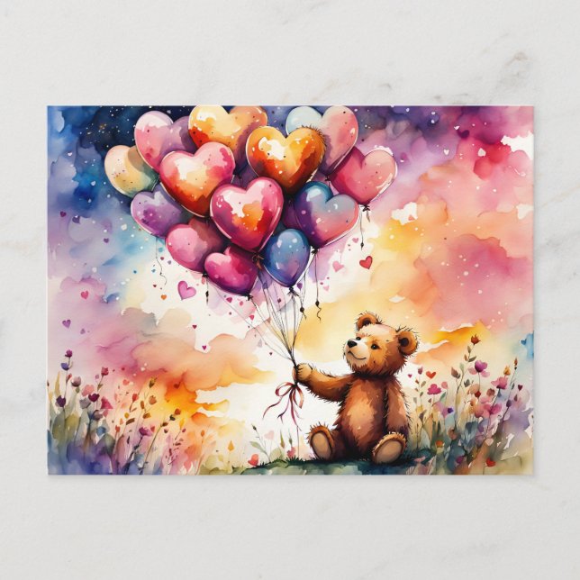 Valentine Teddy bear with Heart shaped balloons Postcard (Front)