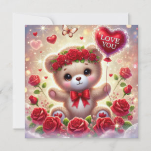Valentine teddy bear with red balloon love you holiday card