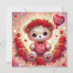 Valentine teddy bear with red heart balloon love holiday card