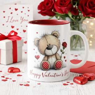 Valentine Teddy Bear with Rose and Hearts Mug