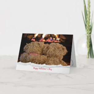 Valentine teddy bears by fireplace card