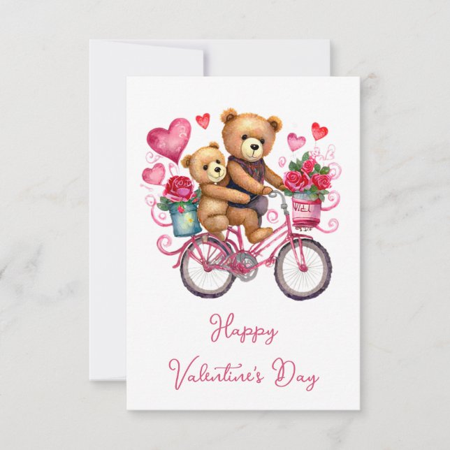 Valentine teddy bears on bicycle card (Front)
